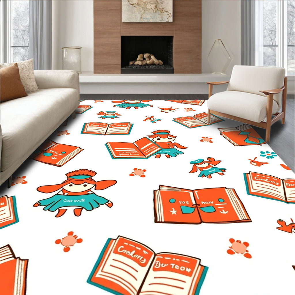 Orange Anthropomorphic Characters Books Theme Rug