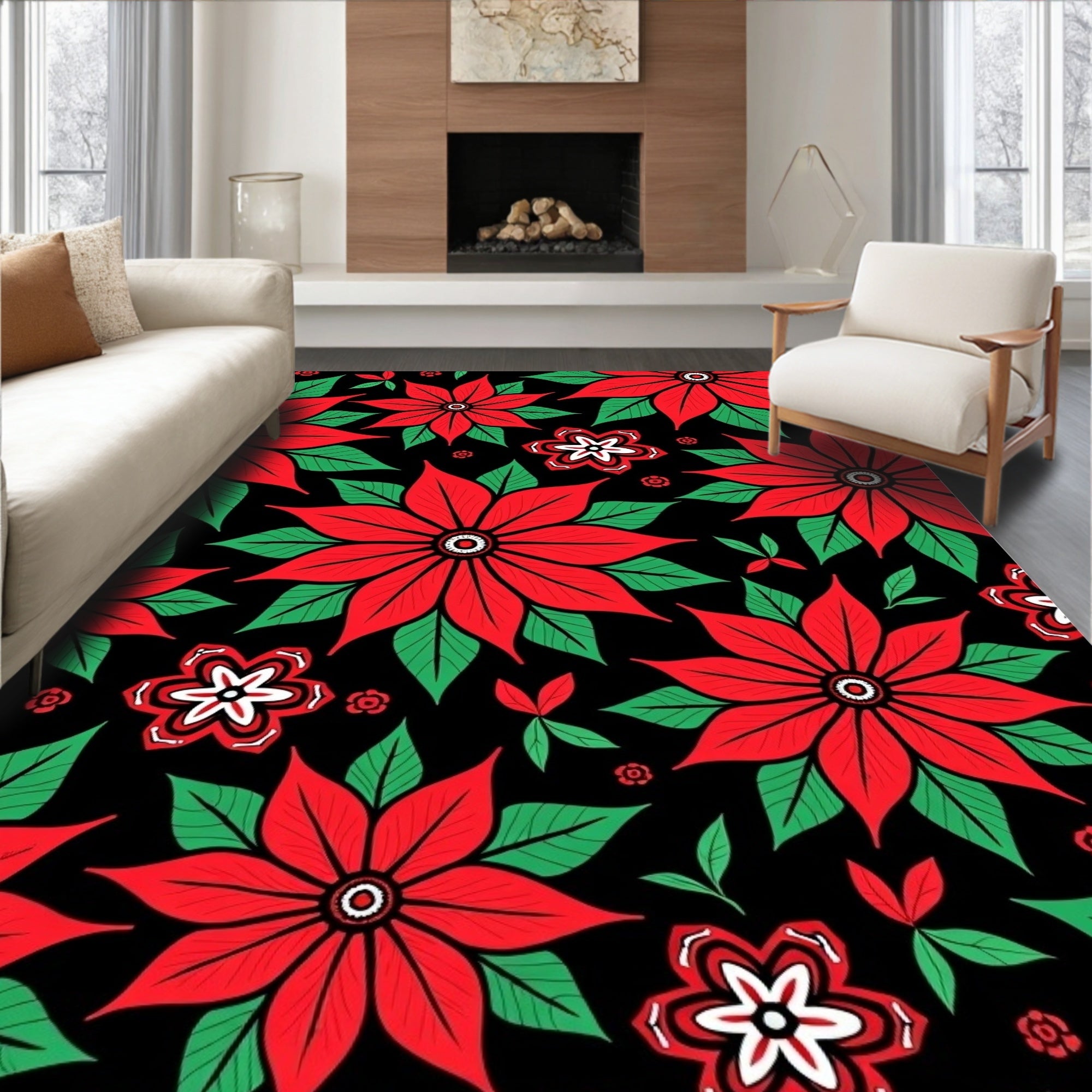 Bold Red Poinsettia Floral Arrangement Rug