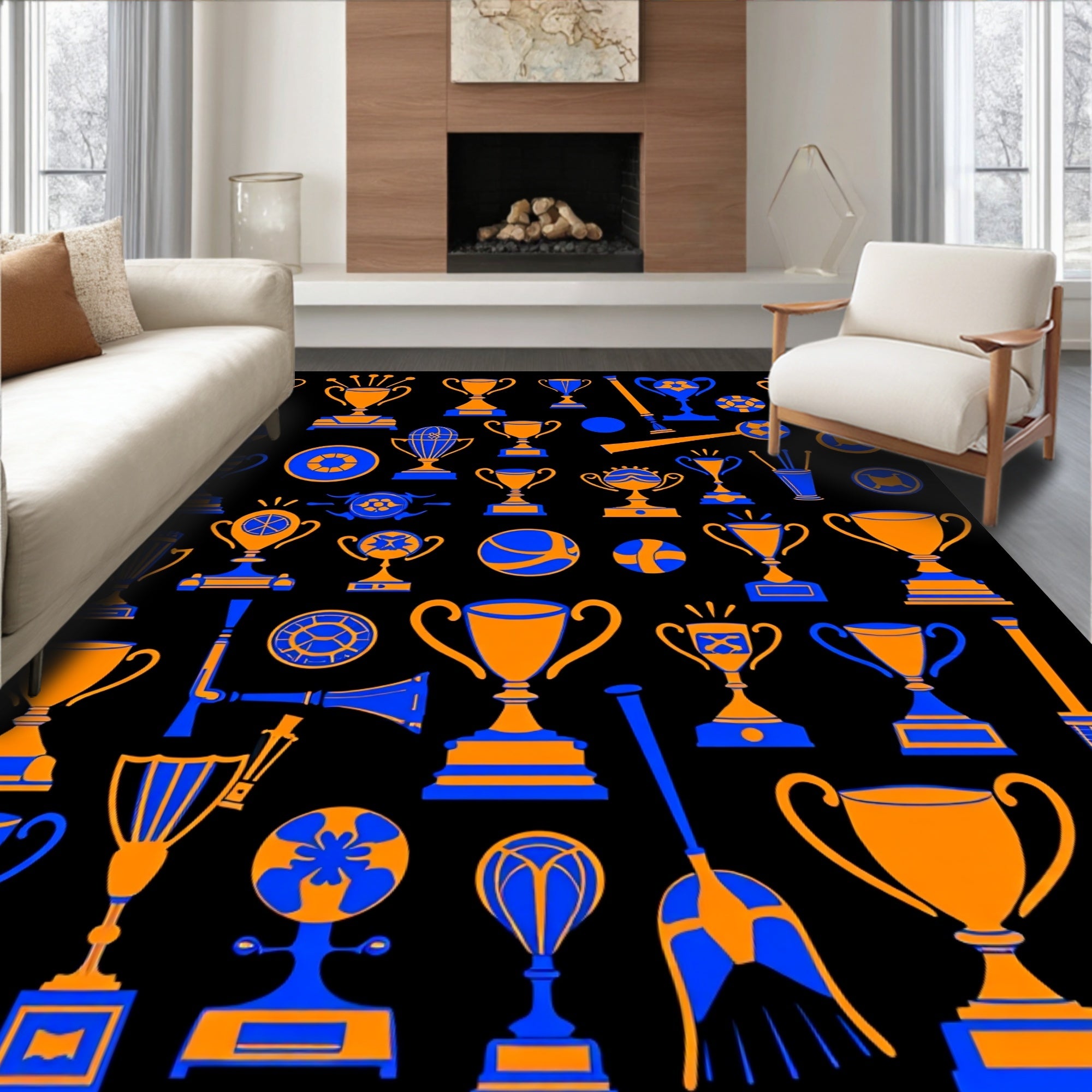 Orange Blue Sports Trophy Collection Rug