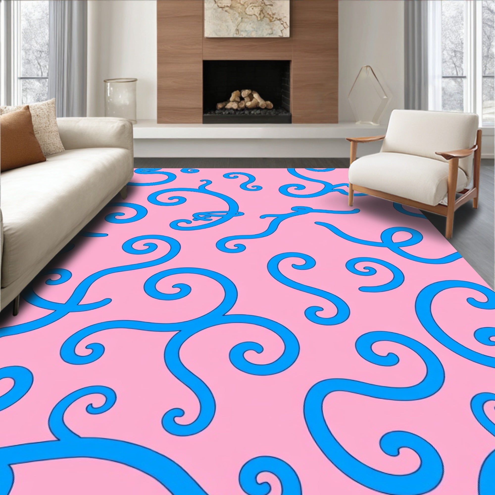 Pink Blue Swirl Curlicue Medley Rug