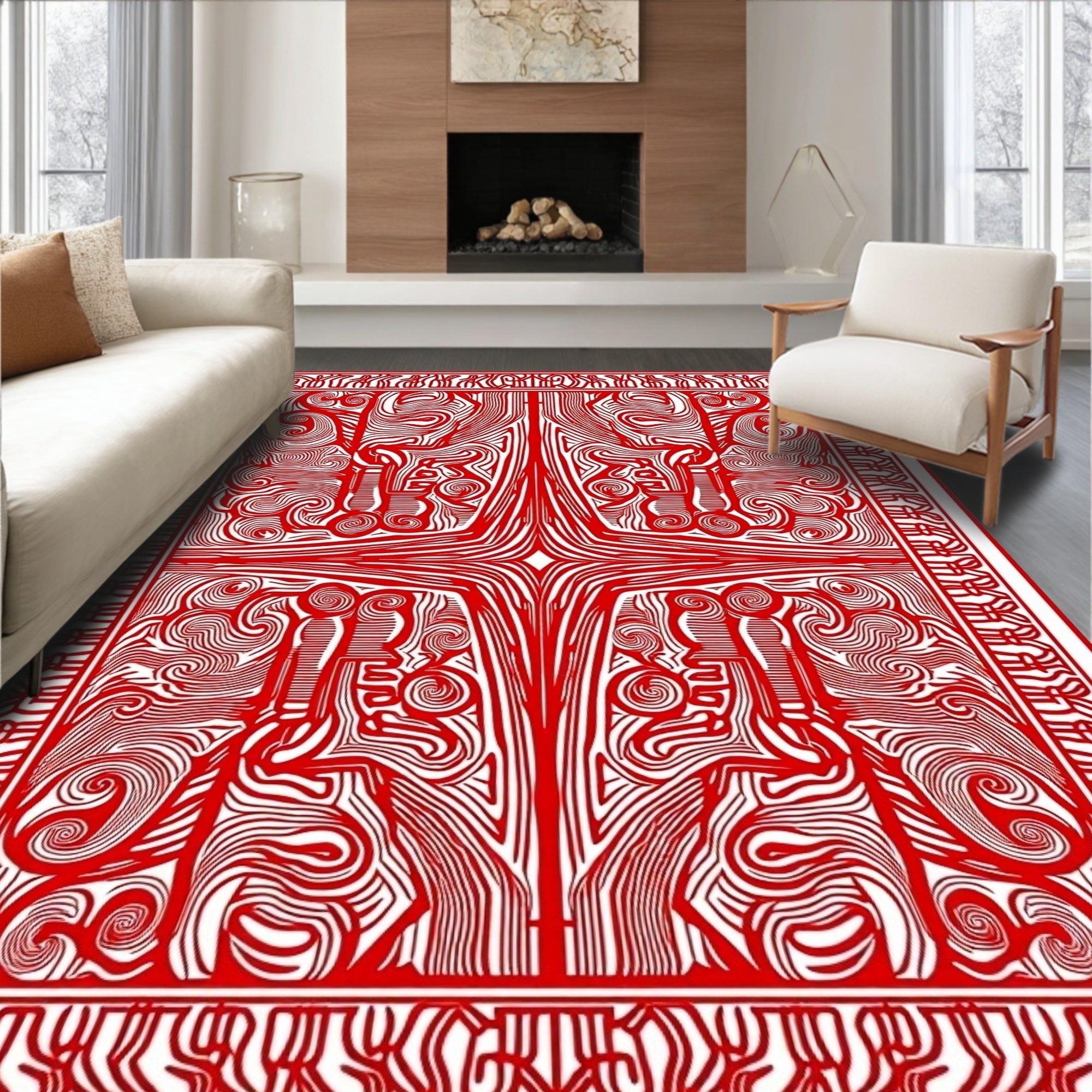 Crimson Intertwined Abstract Border Rug
