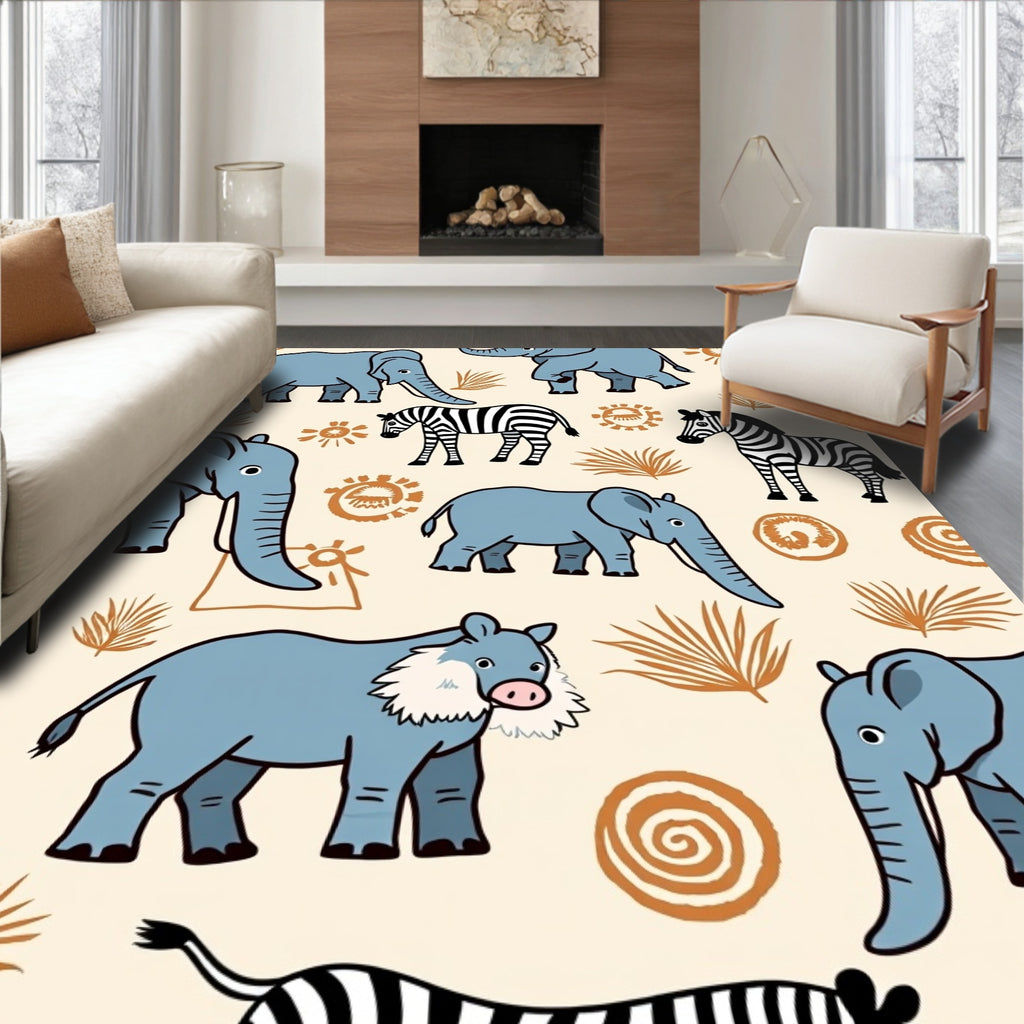 Blue Elephant Zebra Savannah Scene Rug