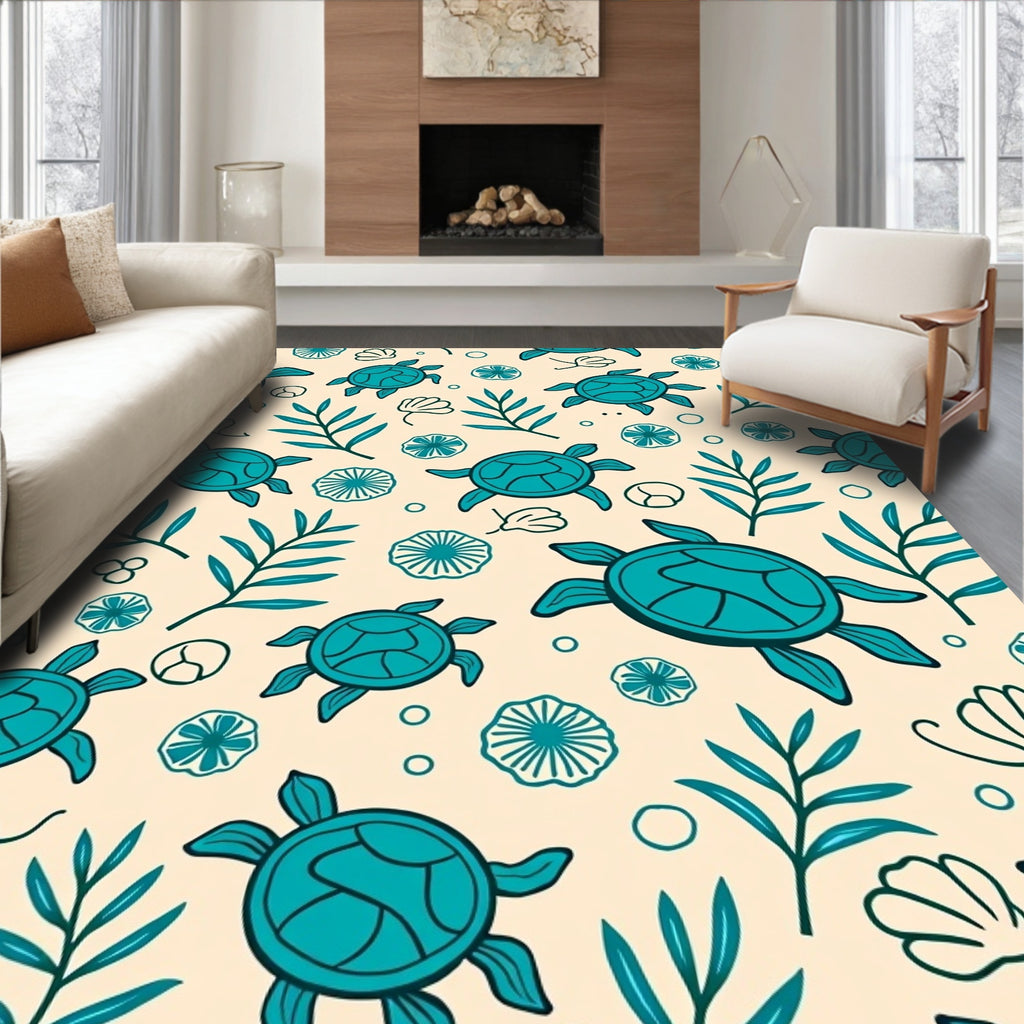 Teal Turtle Tropical Leaf Ensemble Rug