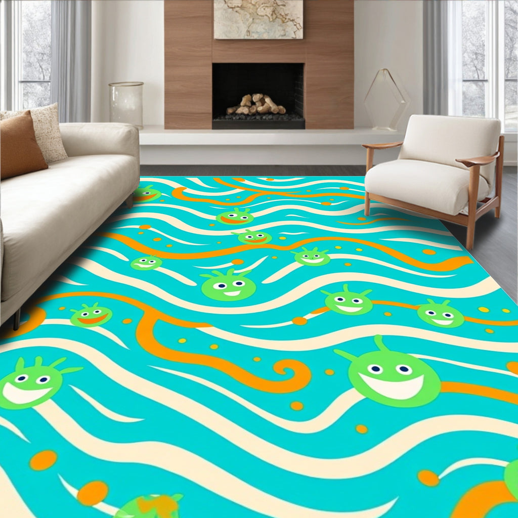 Whimsical Green Blob Wave Rug