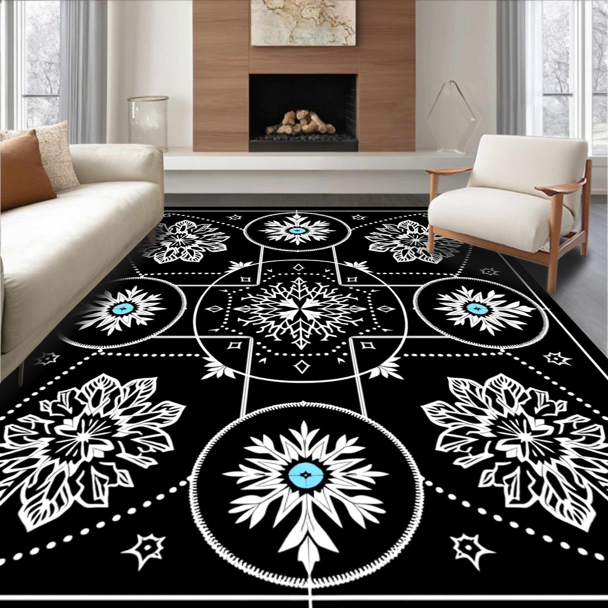 Black White Cyan Snowflake Medallion Rug
