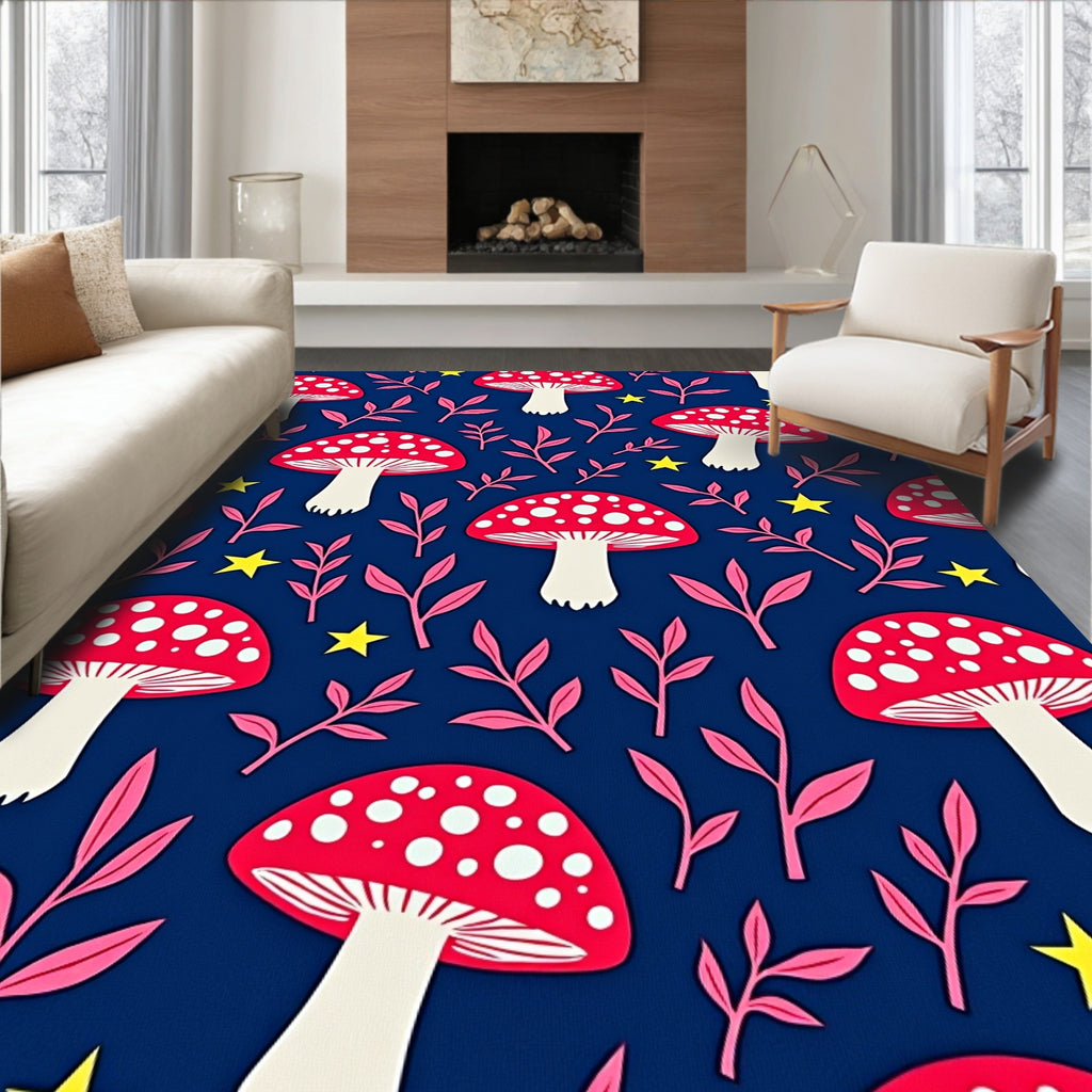 Whimsical Red Mushroom Stars Navy Rug