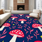 Whimsical Red Mushroom Stars Navy Rug
