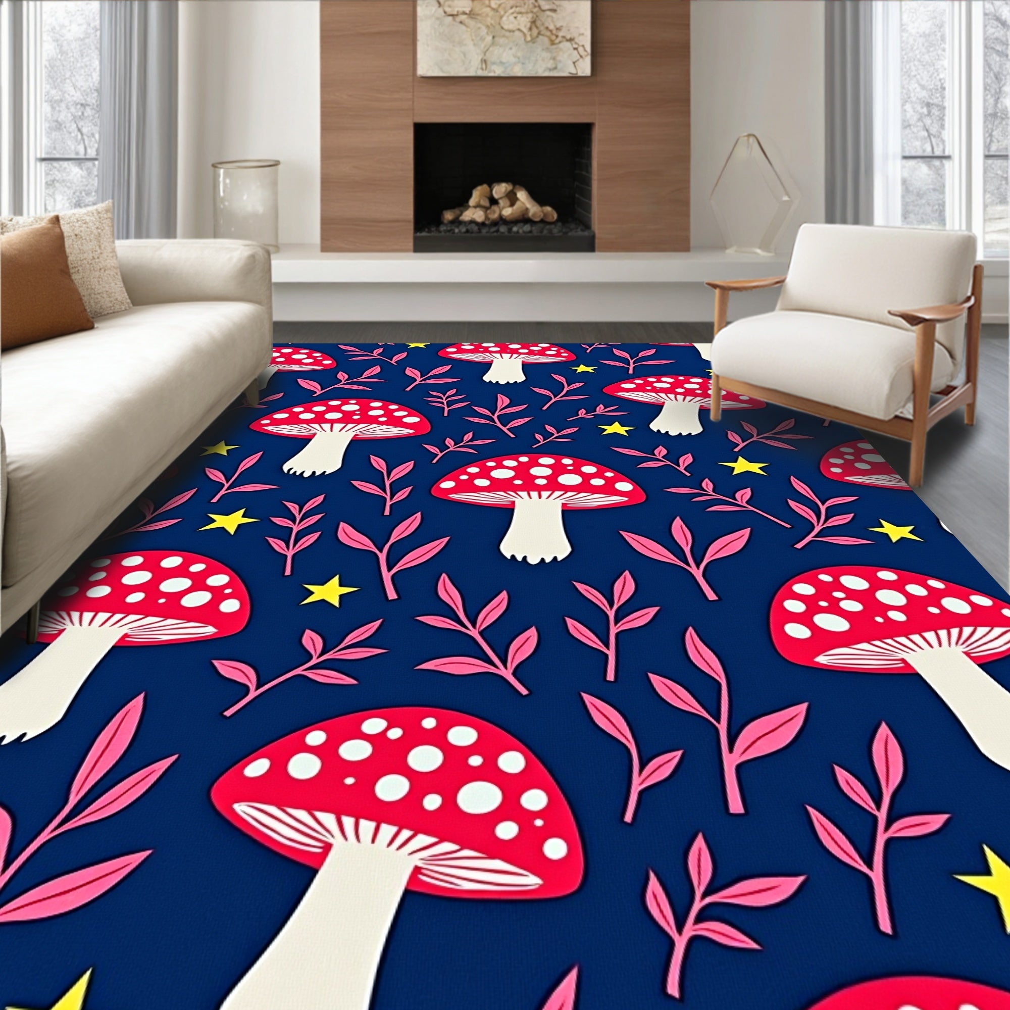 Whimsical Red Mushroom Stars Navy Rug