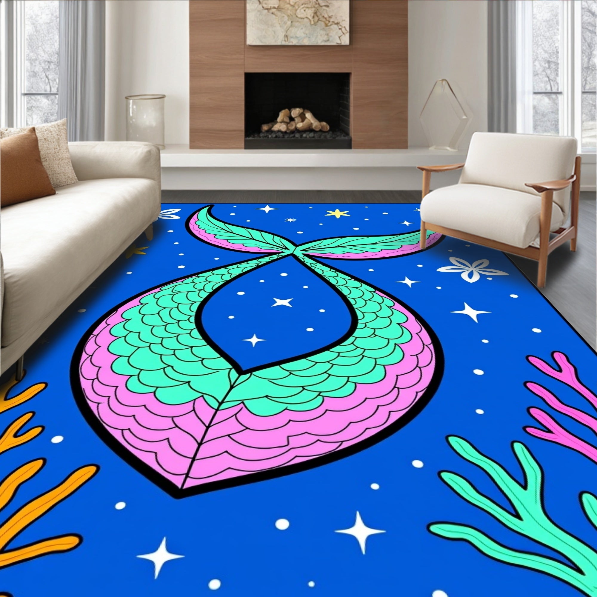 Aqua Pink Mermaid Tail Starry Ocean Rug