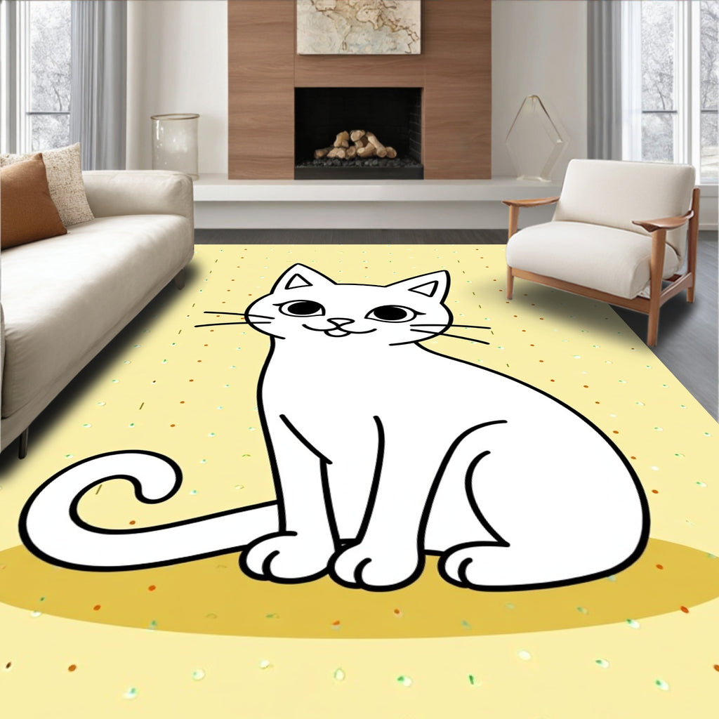 Cute White Kitty Textured Yellow Rug