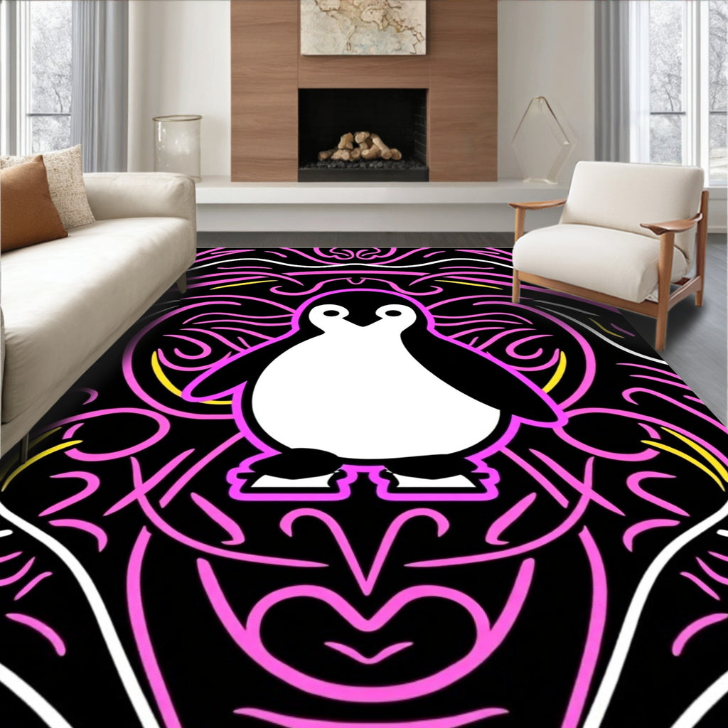 Pink Black White Penguin Swirl Rug