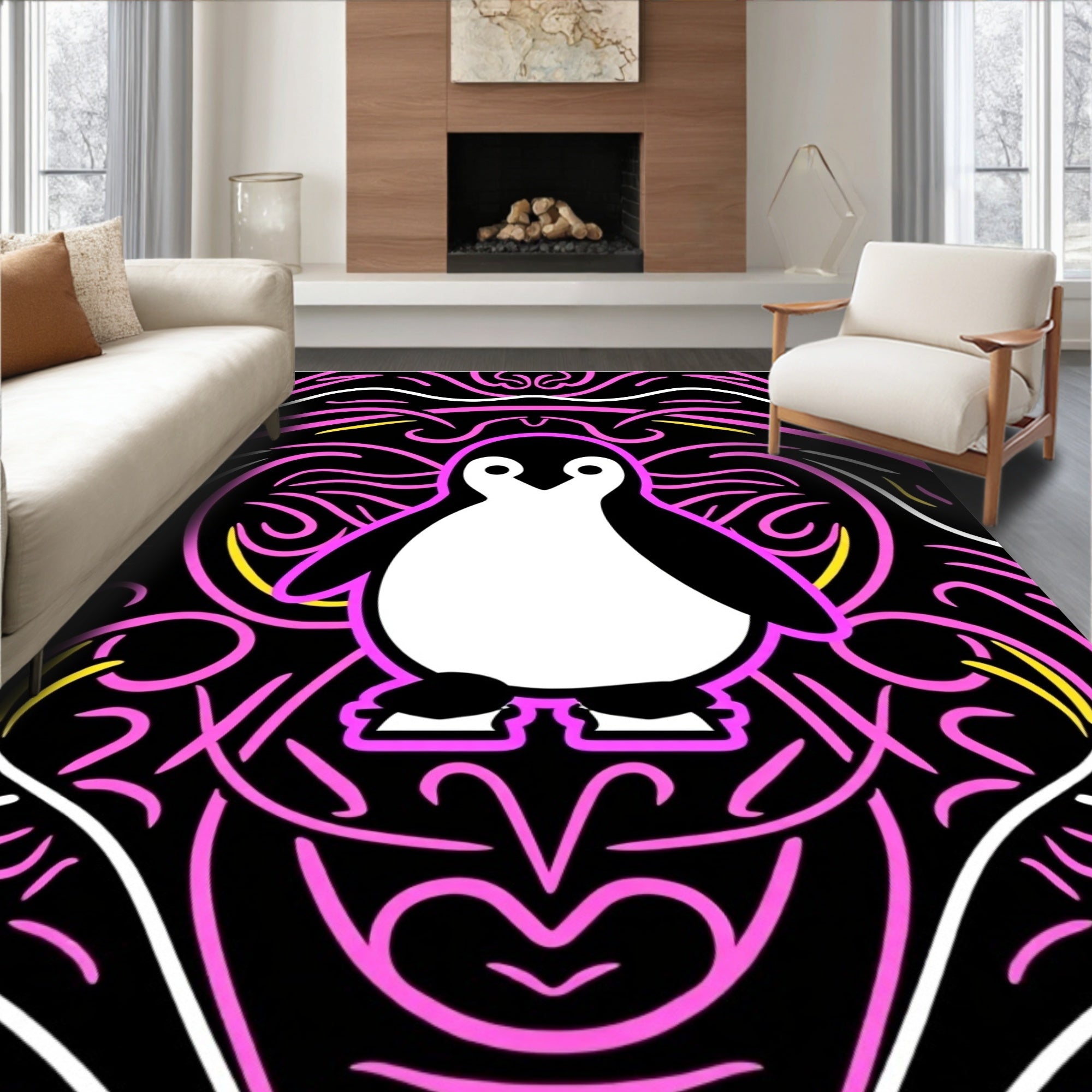 Pink Black White Penguin Swirl Rug