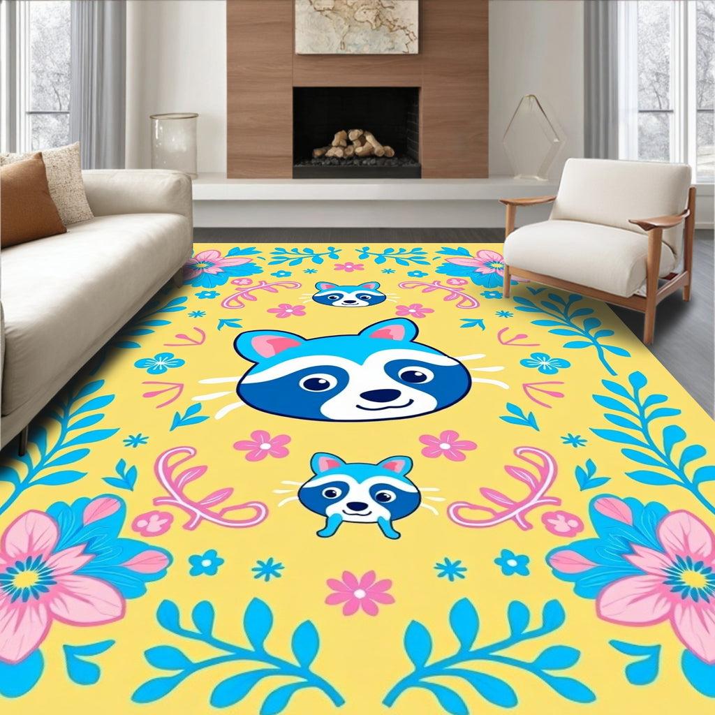 Playful Raccoon Floral Garden Yellow Rug