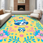 Playful Raccoon Floral Garden Yellow Rug