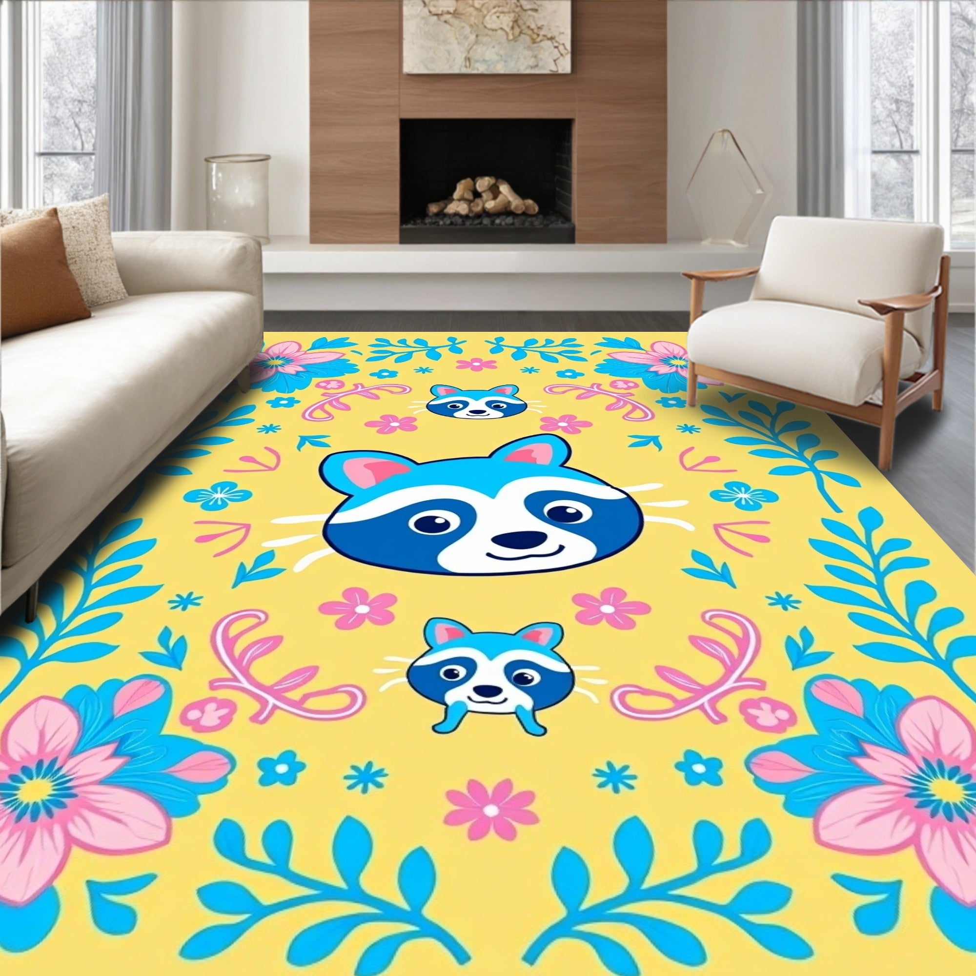 Playful Raccoon Floral Garden Yellow Rug