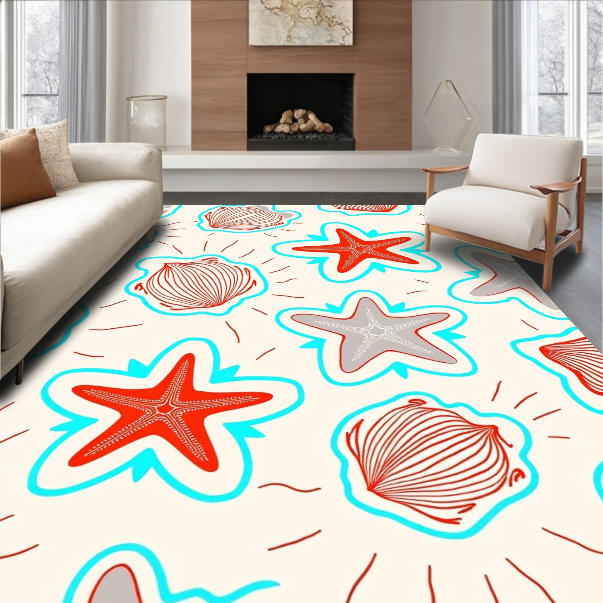 Red Gray Seashell Starfish Abstract Rug