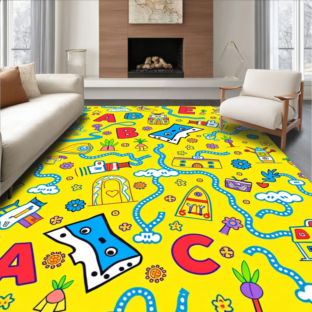 Playful Alphabet Yellow Cartoon Scene Rug