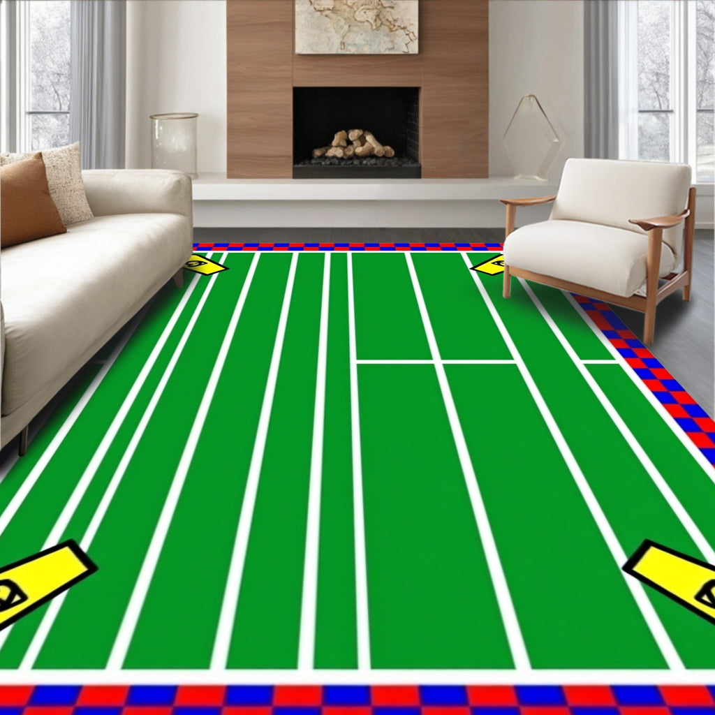 Bold Green White Striped Checkerboard Rugby Rug