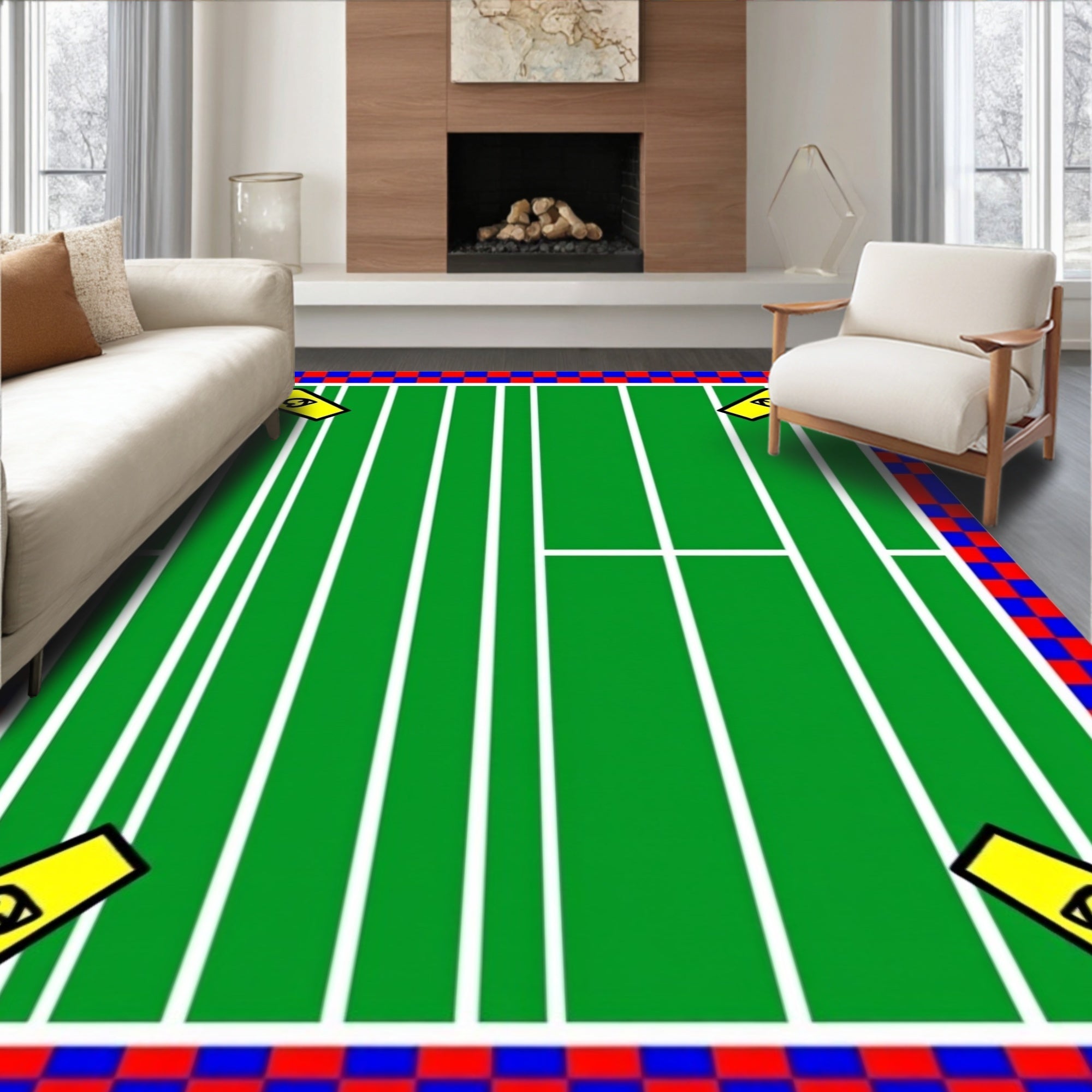Bold Green White Striped Checkerboard Rugby Rug