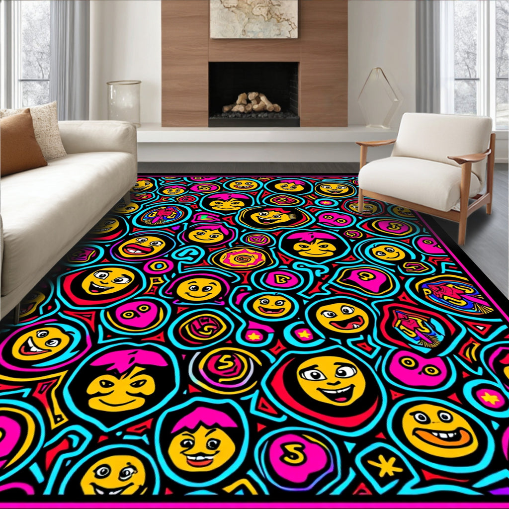 Vibrant Playful Faces Colorful Abstract Rug