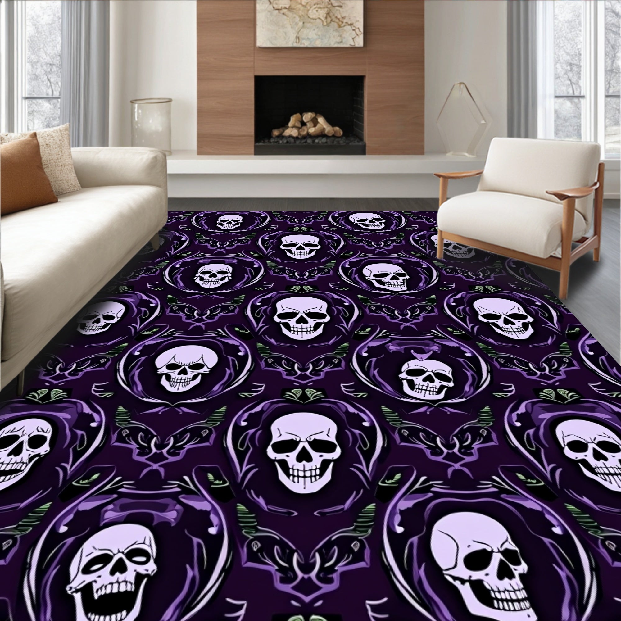 Dark Purple Skulls Ornate Damask Rug