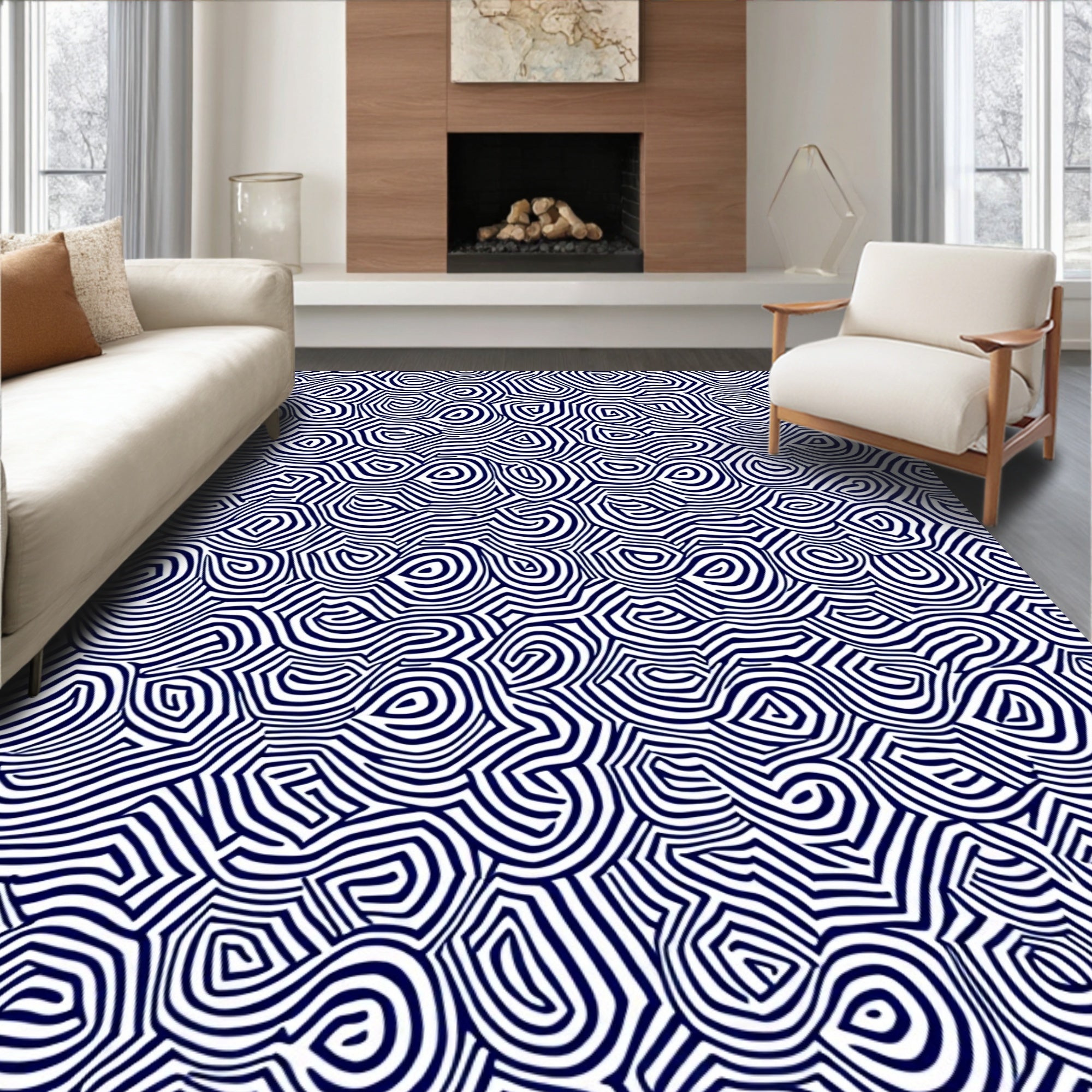 Abstract Navy Swirl Organic Rug