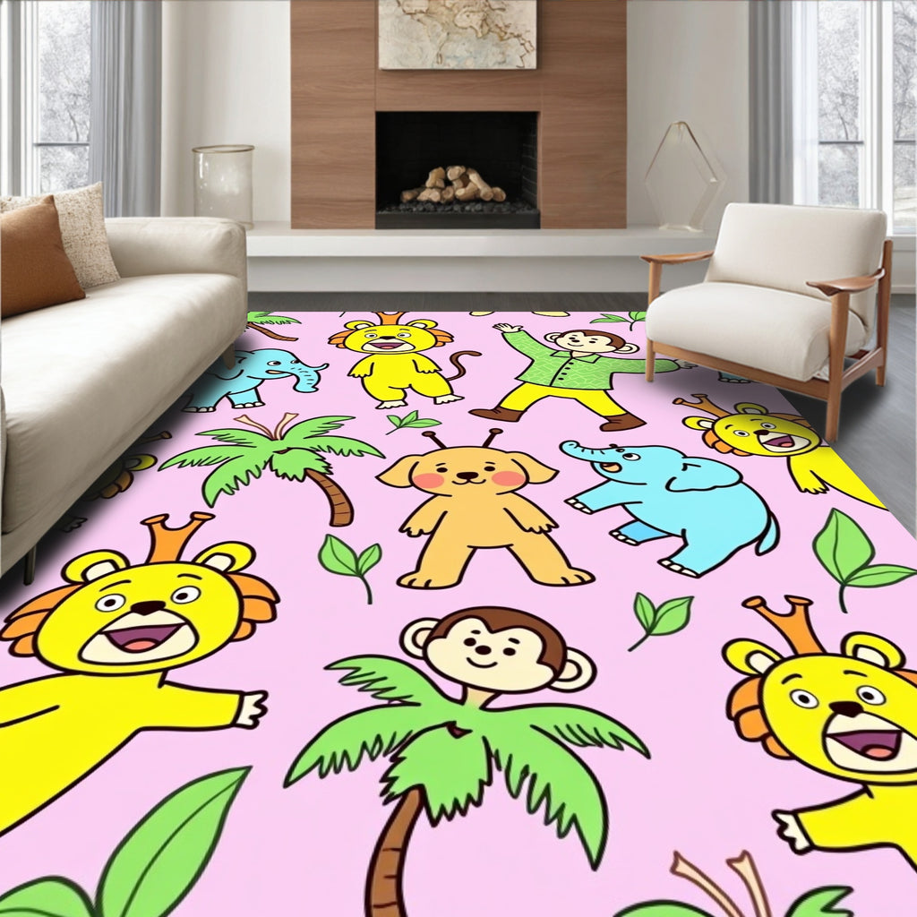 Whimsical Circus Animals Pink Background Rug
