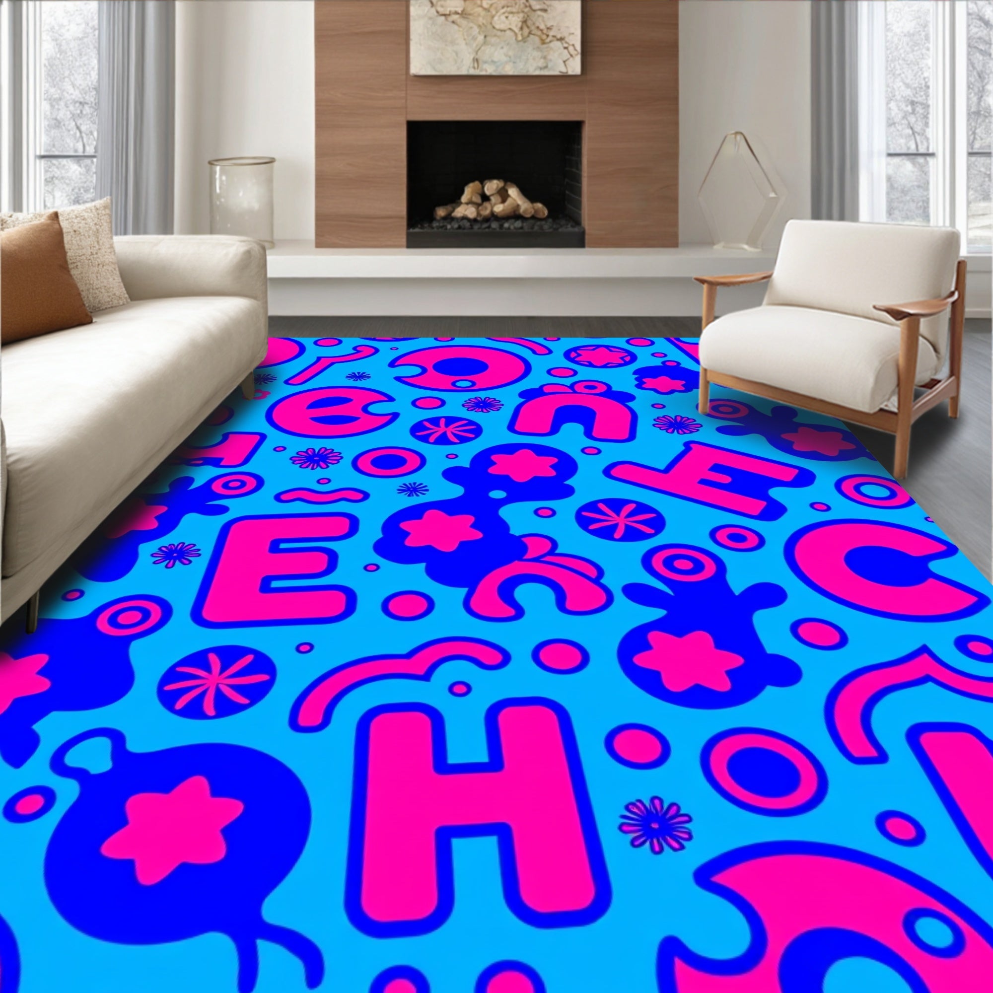 Bright Pink Blue Alphabet Collage Rug
