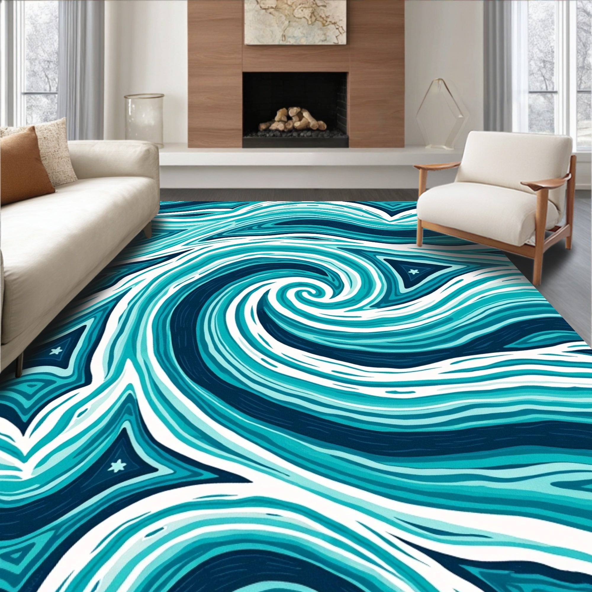 Aqua Blue Swirling Abstract Ocean Rug