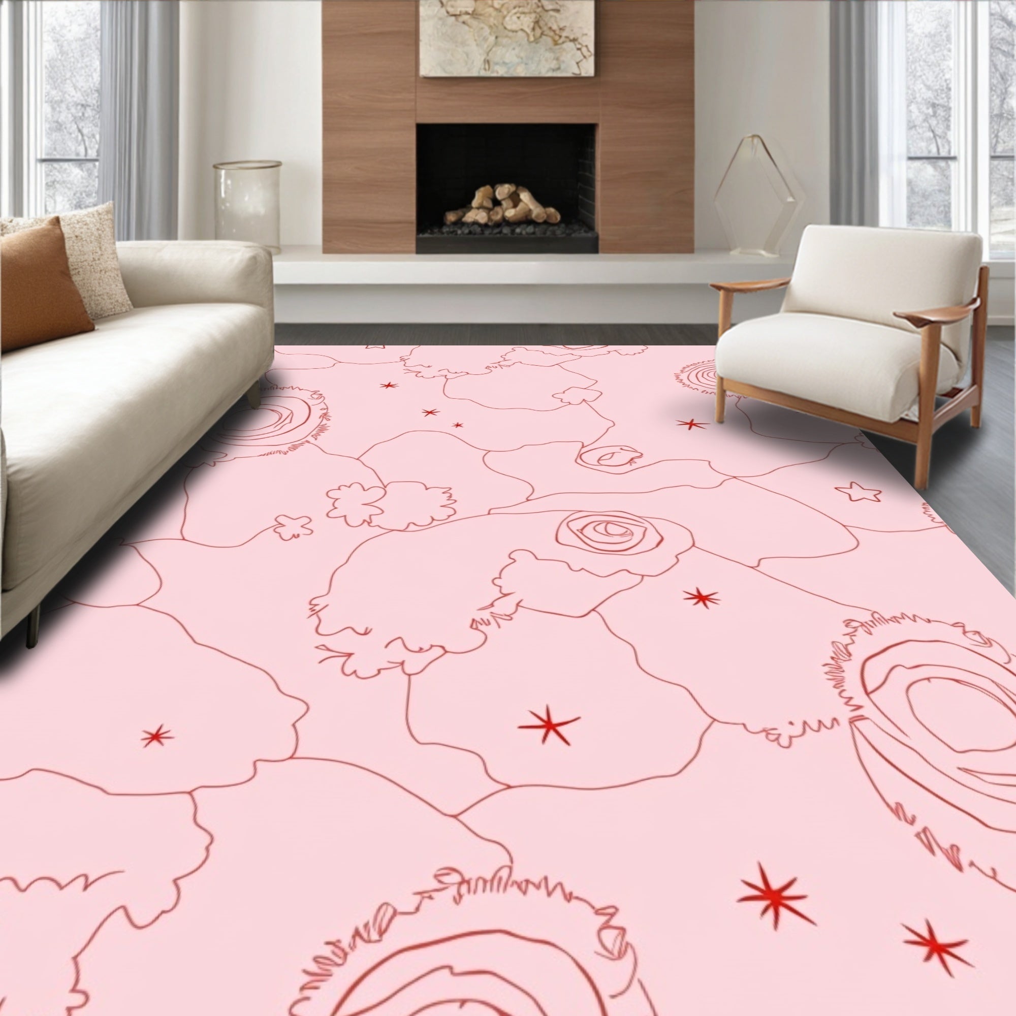 Soft Pink Floral Outline Whimsical Arrangement Rug