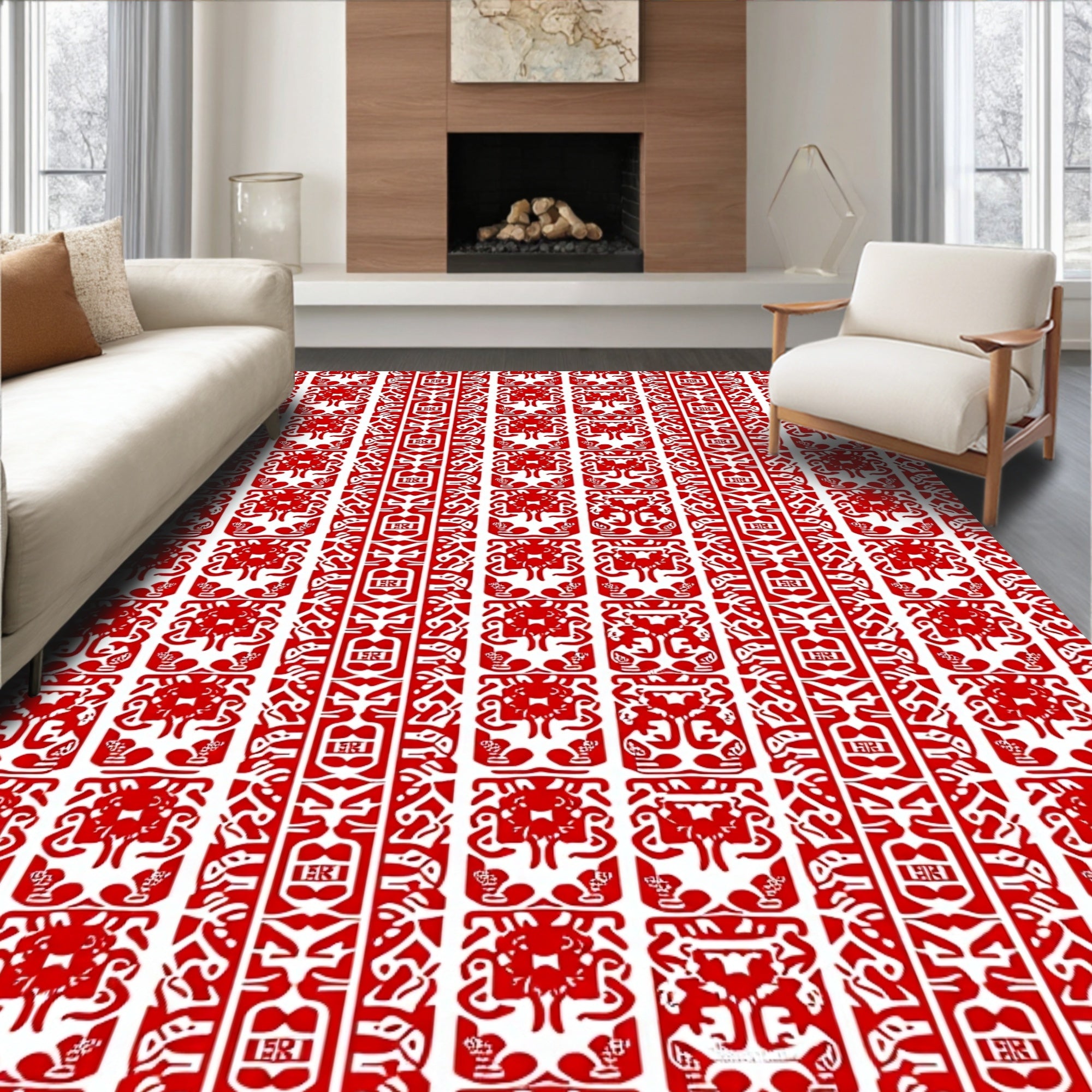Bold Crimson Tribal Figurative Rug