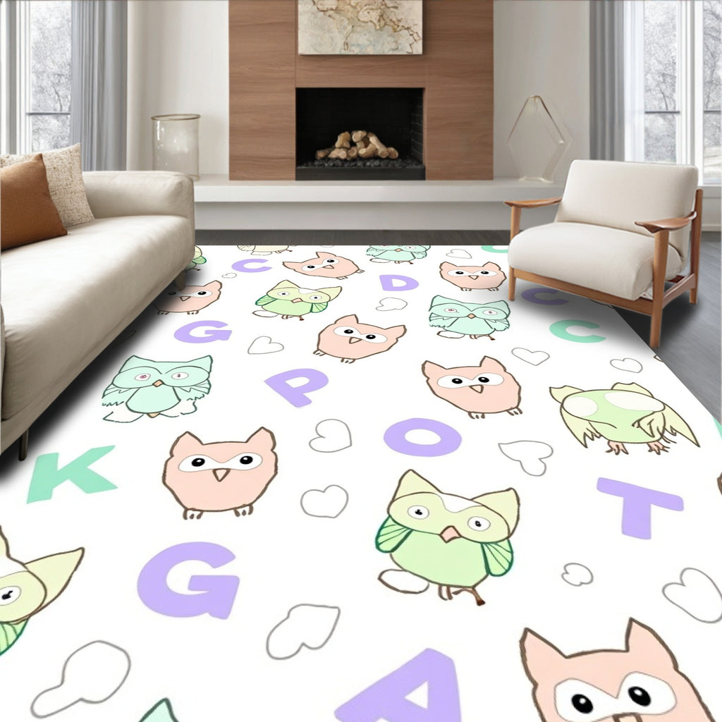 Whimsical Owl Alphabet Pastel Collage Rug