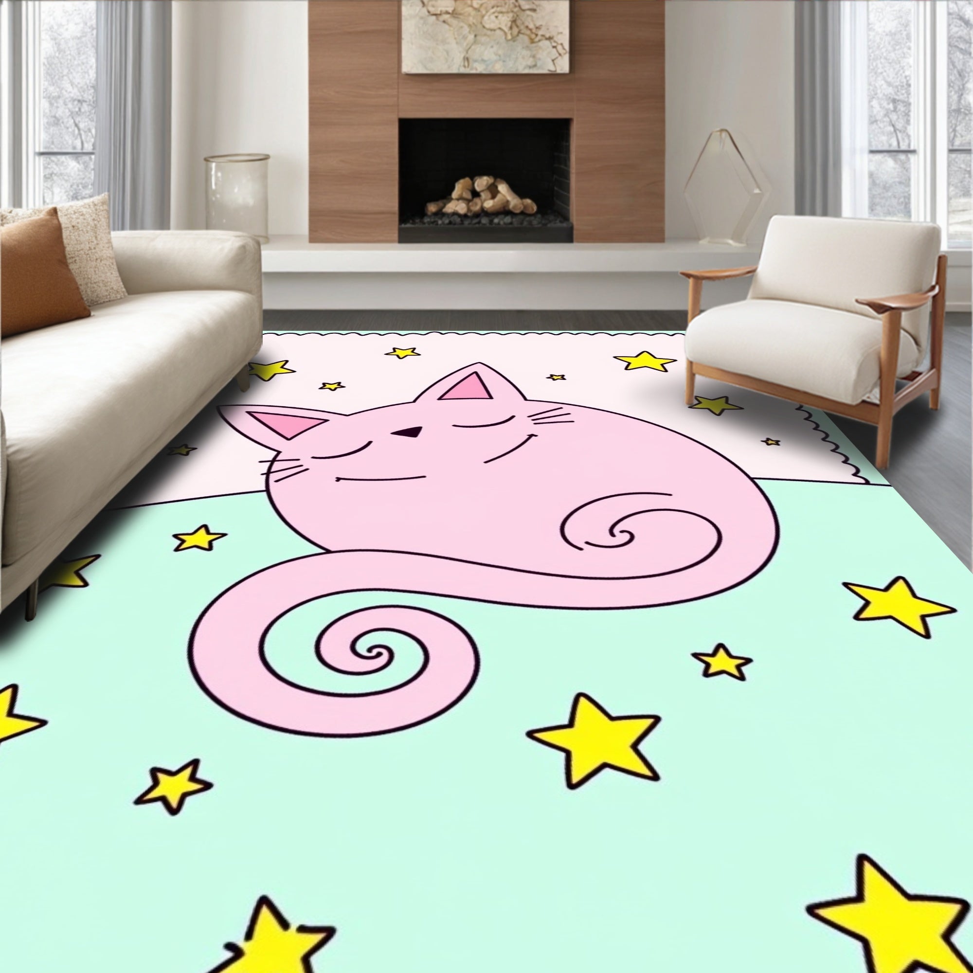 Pink Dreamy Cat Starry Night Rug