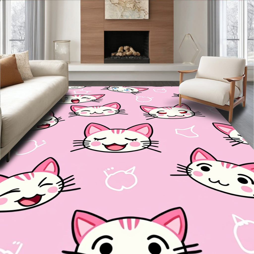Pink Happy Kawaii Cat Faces Print Rug