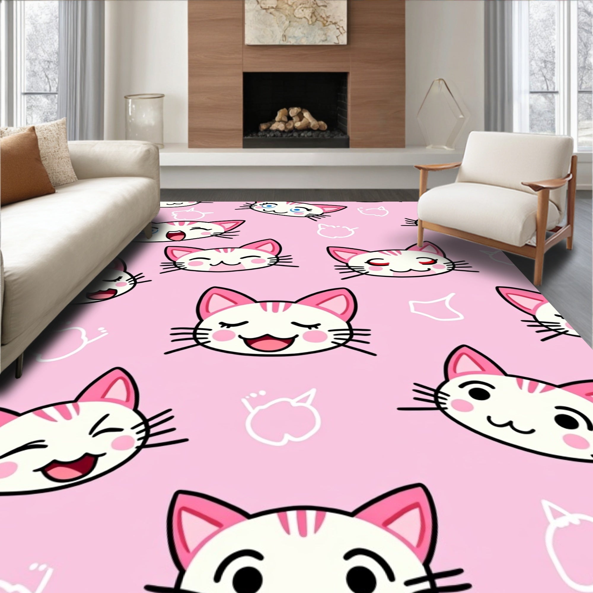 Pink Happy Kawaii Cat Faces Print Rug