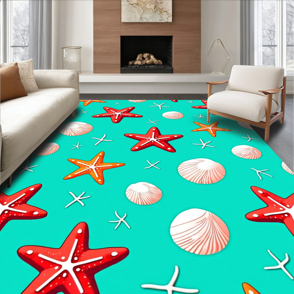 Red Orange Starfish Seashell Collection Rug
