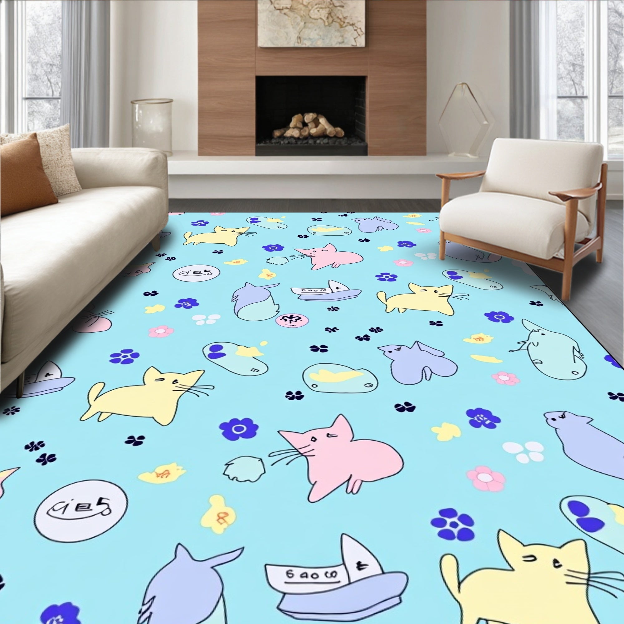 Playful Pastel Cats and Flowers Rug