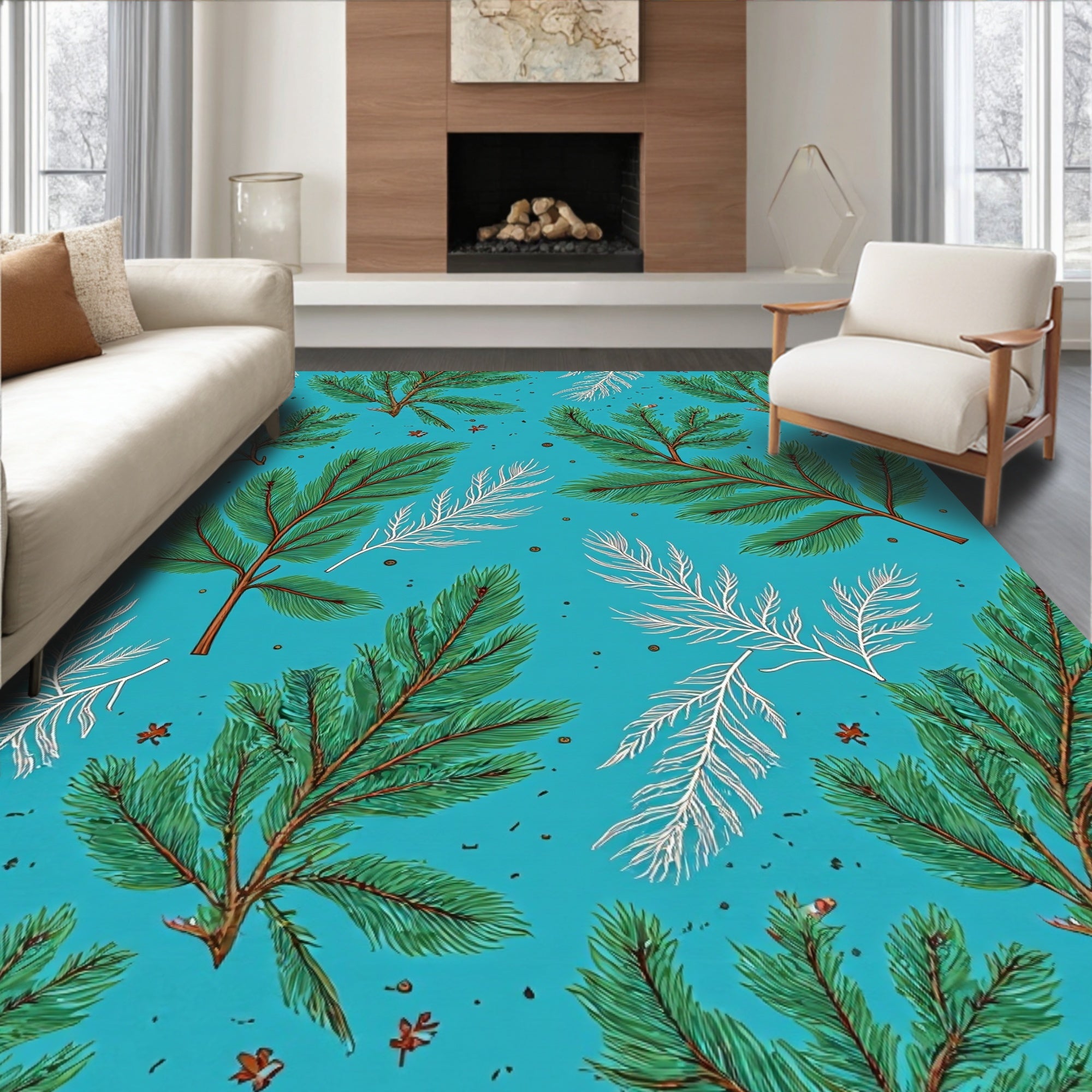 Teal Green Pine Branch Illustration Rug