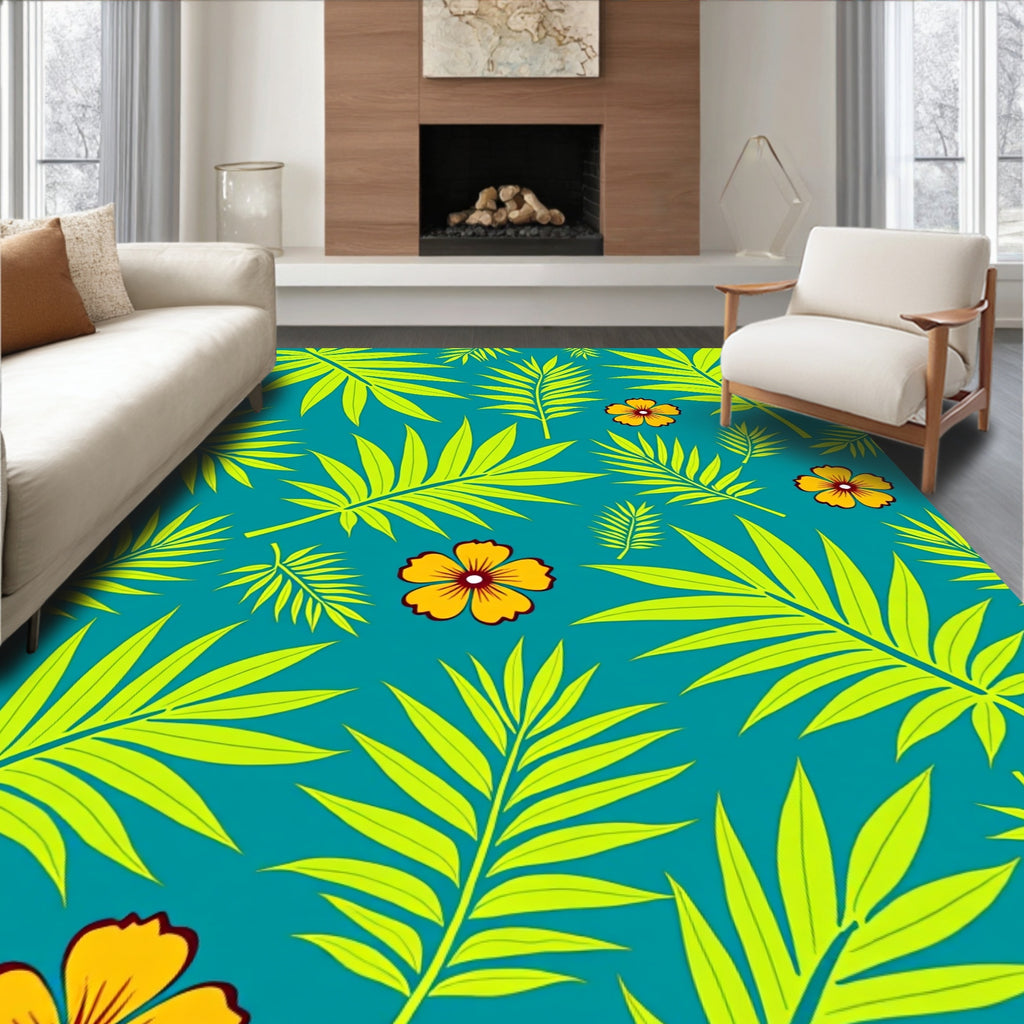Tropical Teal Palm Leaf Flower Rug
