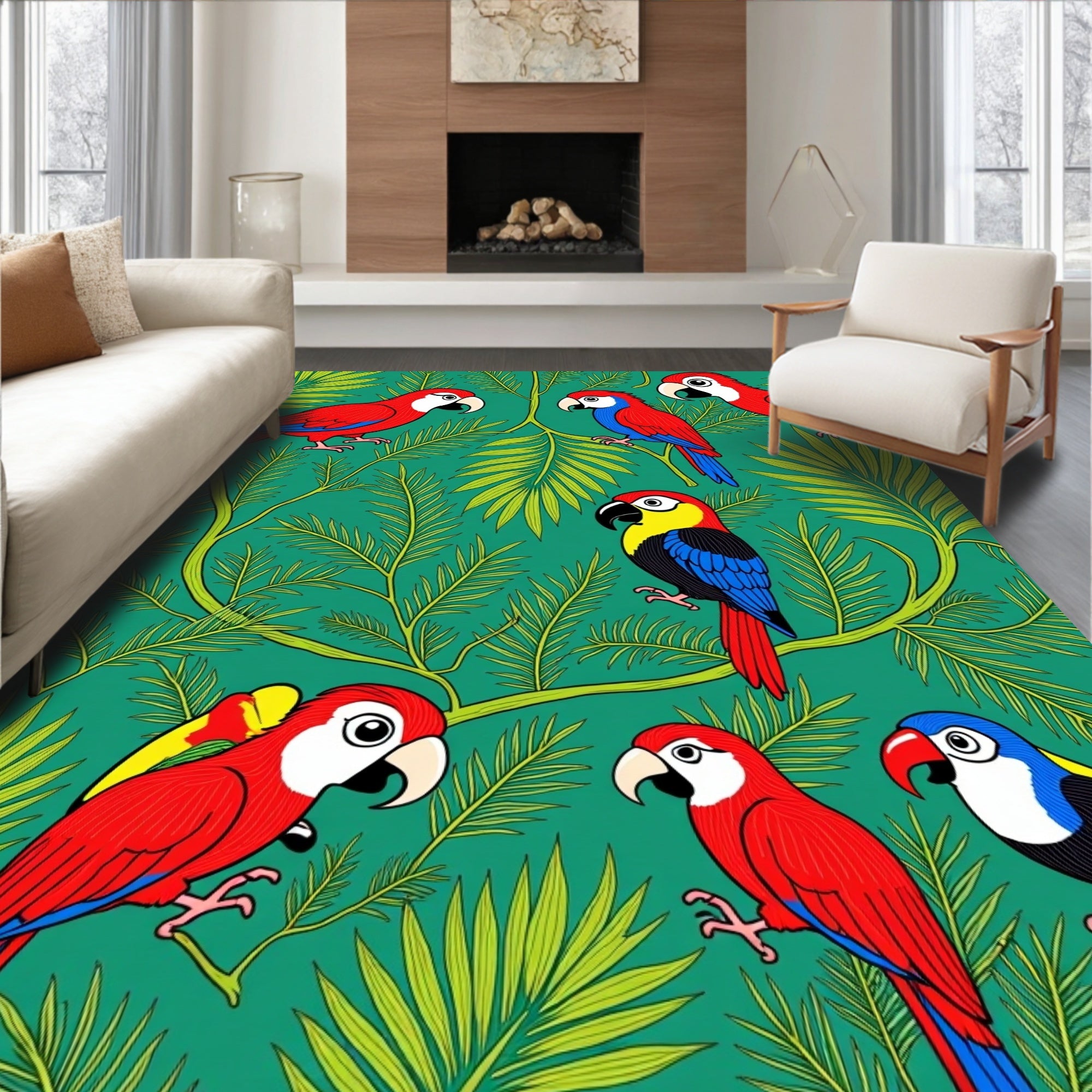 Tropical Macaw Birds Green Foliage Rug