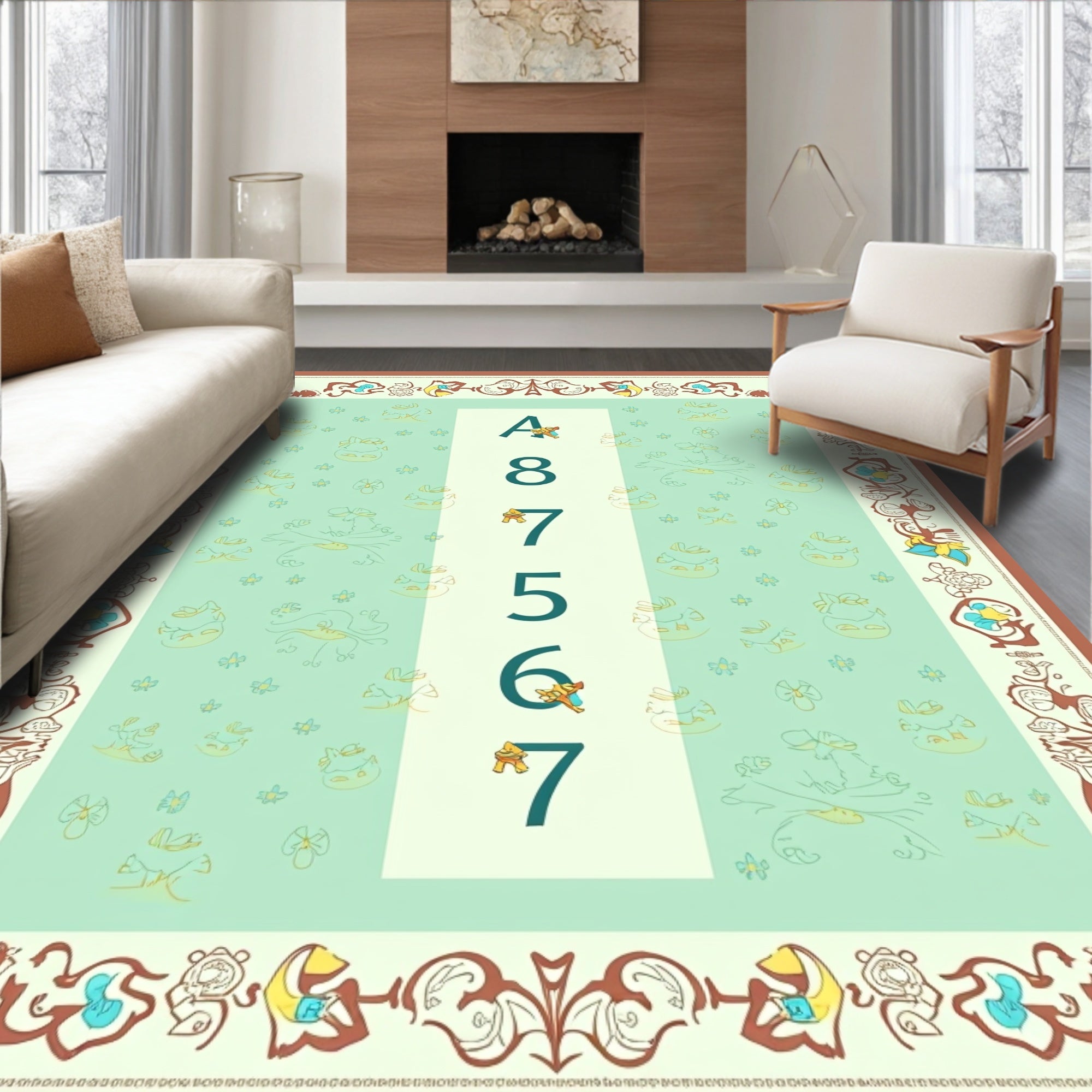 Whimsical Birds Animals Alphabet Numbers Mint Rug