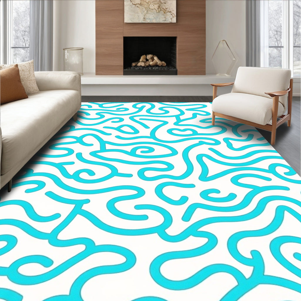 Cyan Abstract Organic Swirl Rug