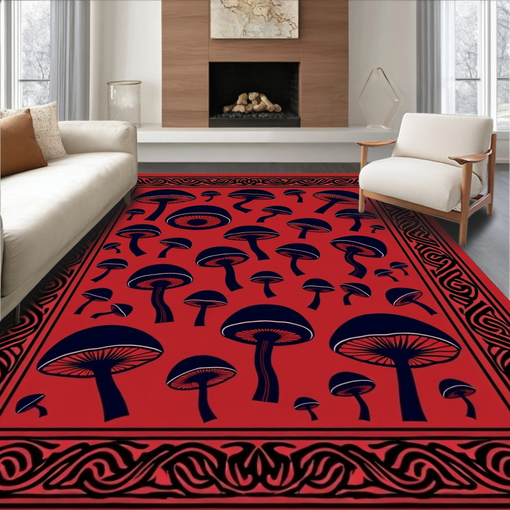 Red Black Mushroom Collage Border Rug