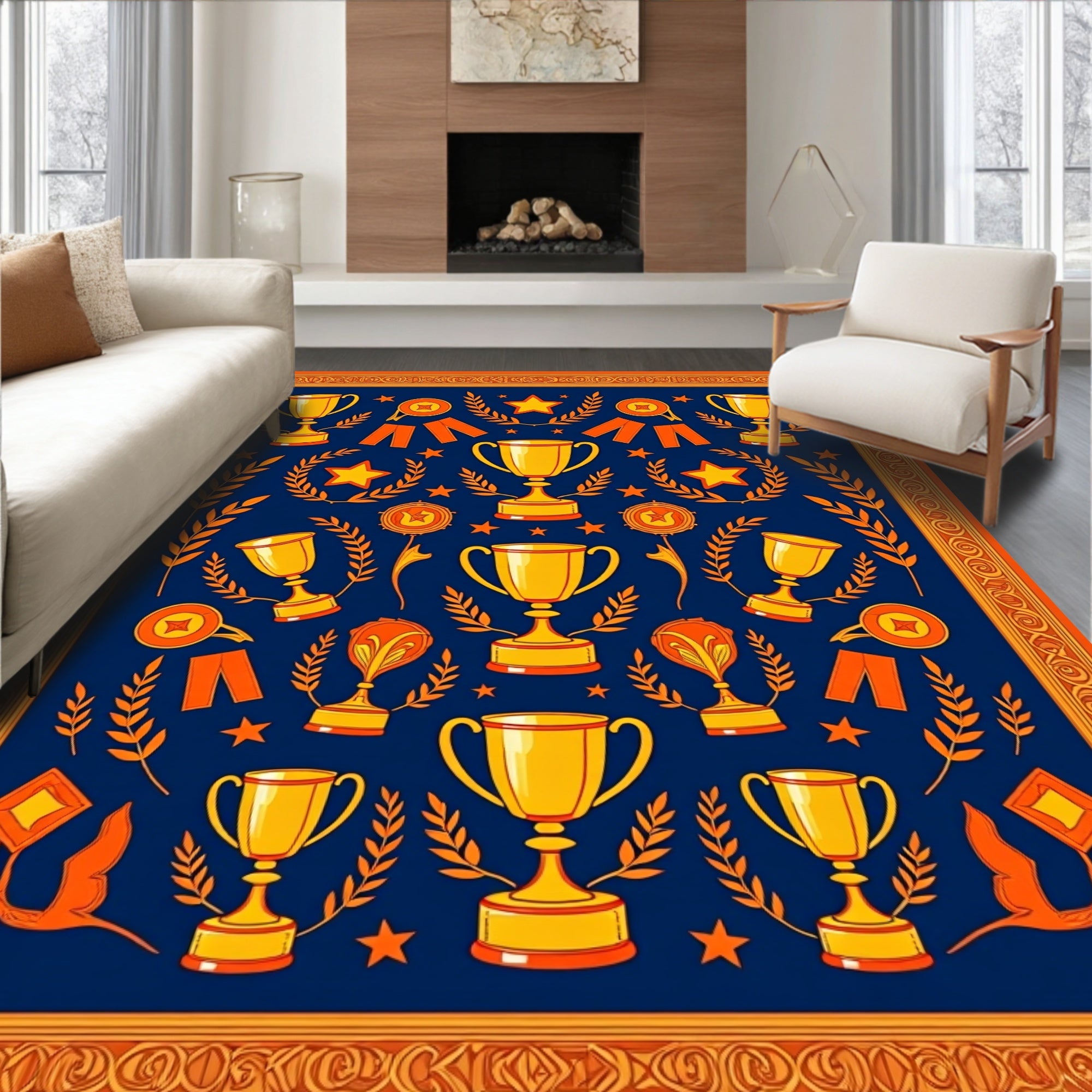 Golden Trophies Navy Blue Award Rug