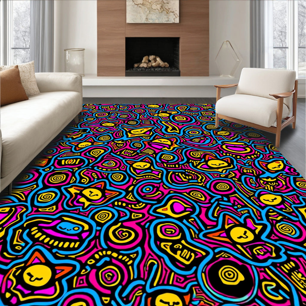 Vibrant Pink Yellow Blue Whimsical Faces Rug