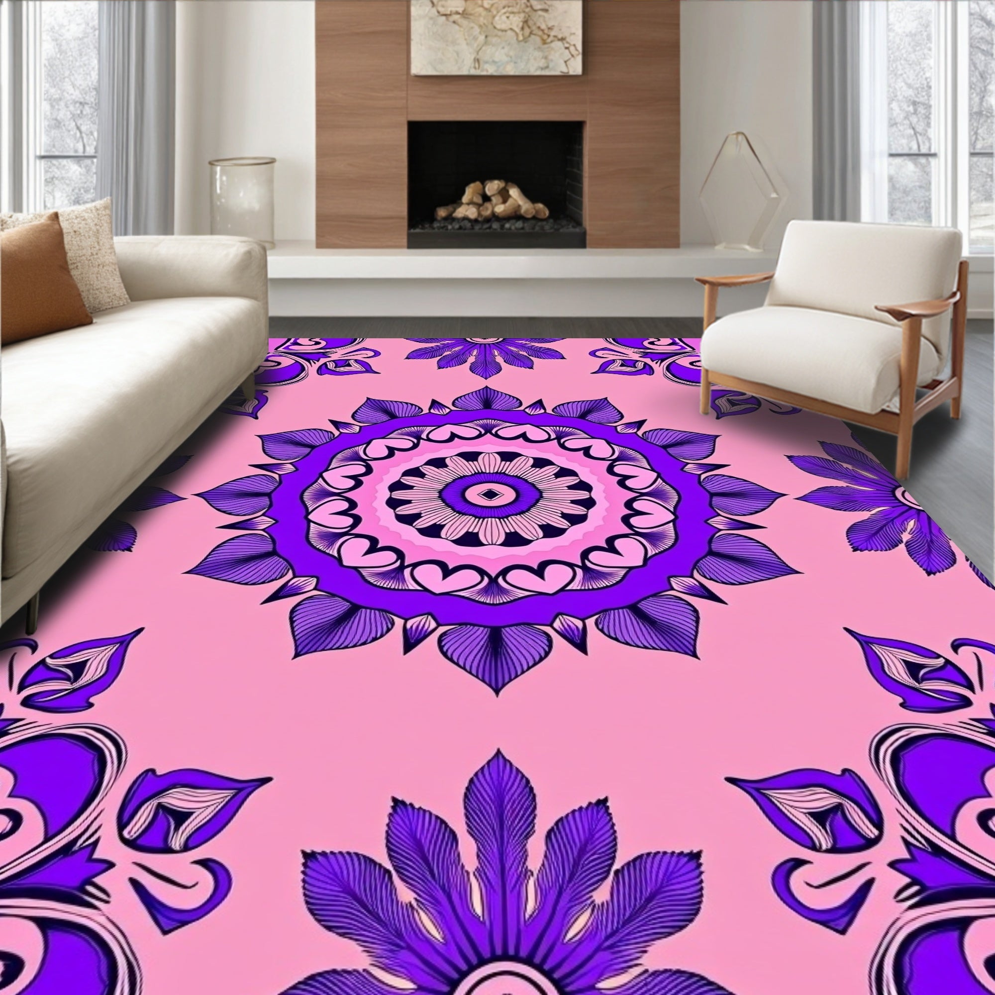 Bold Purple Floral Medallion Pink Background Rug