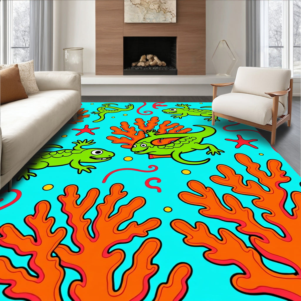 Green Lizards with Coral Undersea Scene Rug