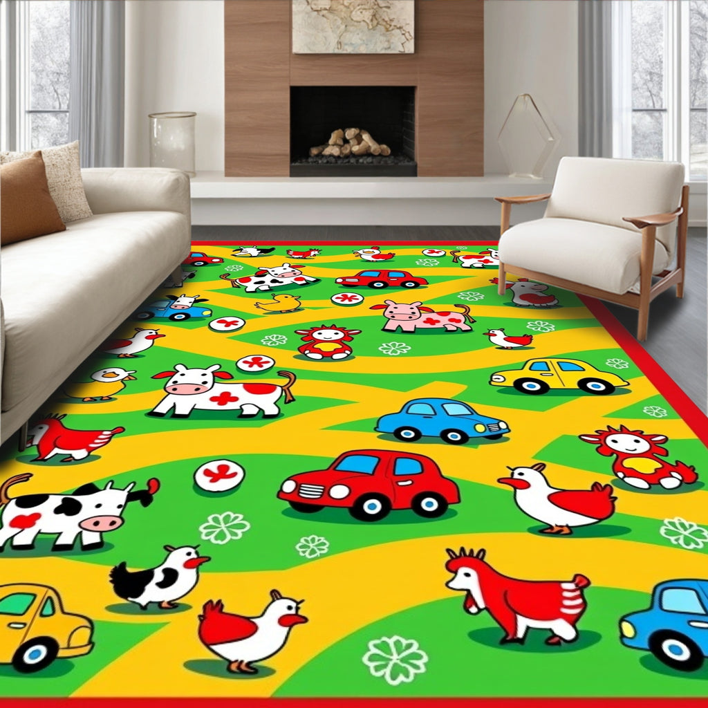 Cartoon Farm Animals Cars Yellow Green Red Rug
