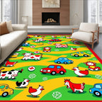 Cartoon Farm Animals Cars Yellow Green Red Rug