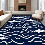 Navy Blue Shark Ocean Waves Rug